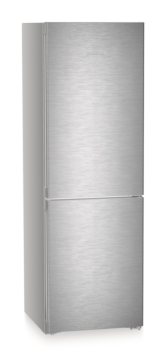 Silberner, zweitüriger Kühlschrank. Das Liebherr-Logo befindet sich auf der oberen Tür.