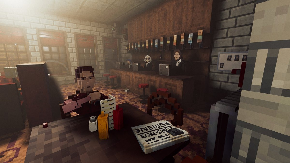 Een gevoxeliseerde barscène met figuren, een bar en tekst: NEWS. De verlichting is gedempt en geel.