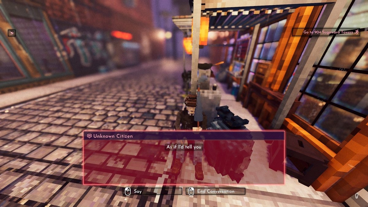 Pixelige game scene met een personage en dialoogvenster met de tekst 'Unknown Citizen'.