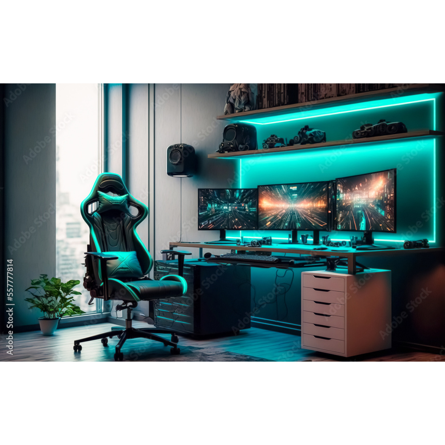 A gaming setup with a black and teal chair, three monitors, and a desk with gaming accessories.