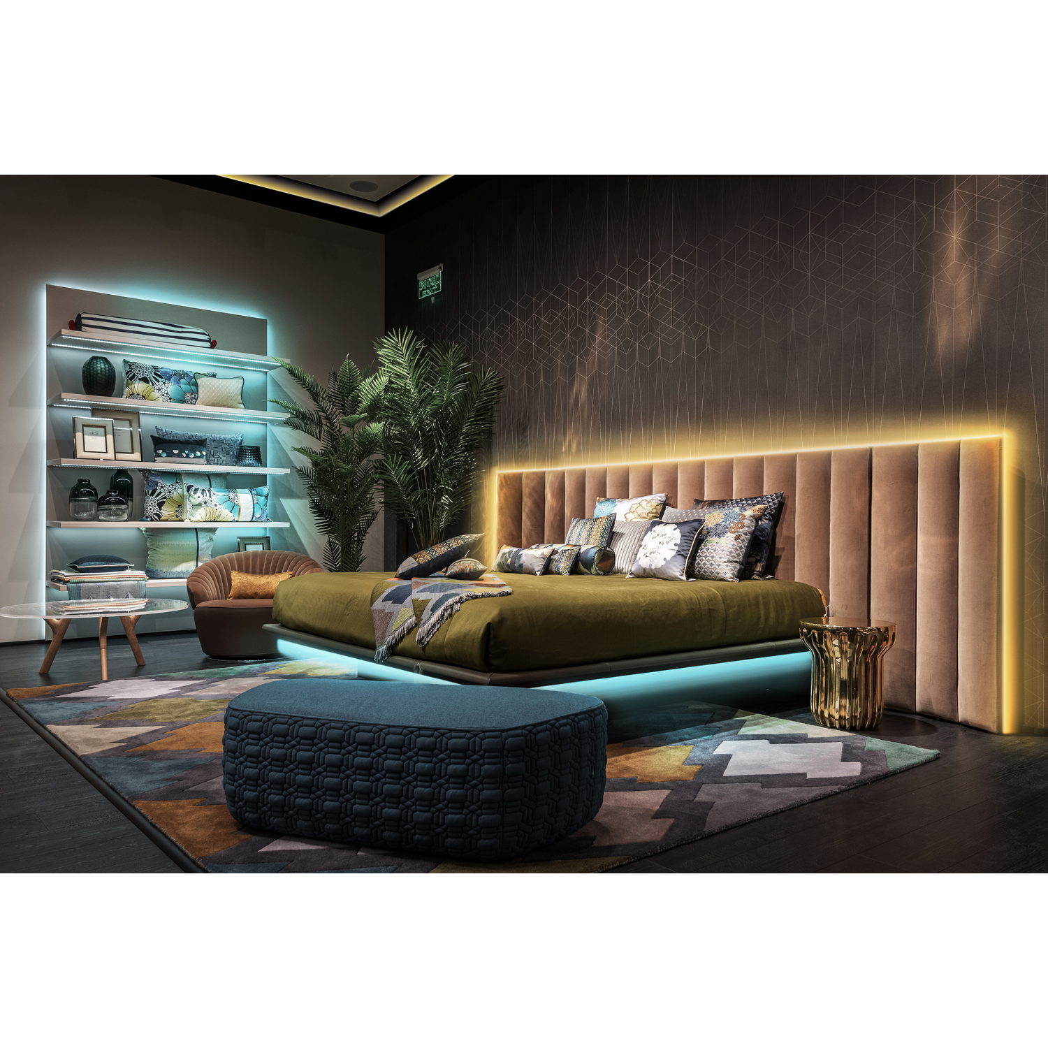 A modern bedroom with a large bed, colorful pillows, and a luxurious, lighted headboard.