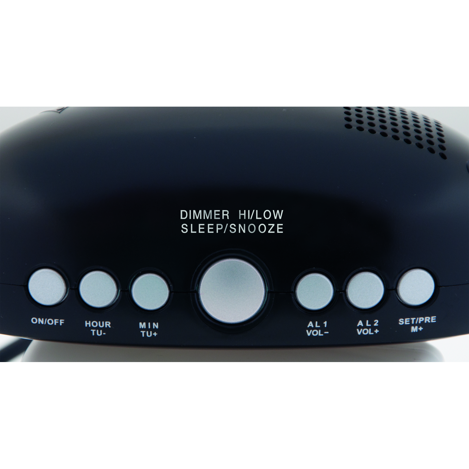 Black alarm clock buttons, labeled with functions like snooze and time settings.