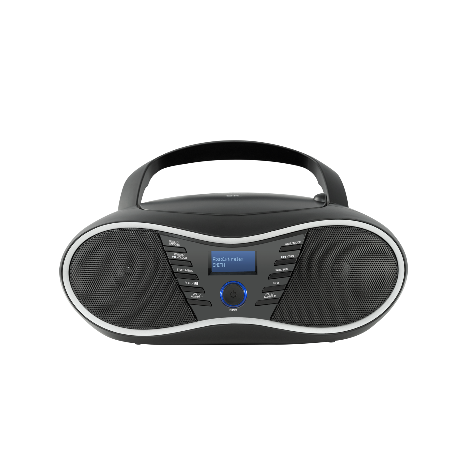 Black boombox with speakers, a display showing "Absolut relax", and control buttons.