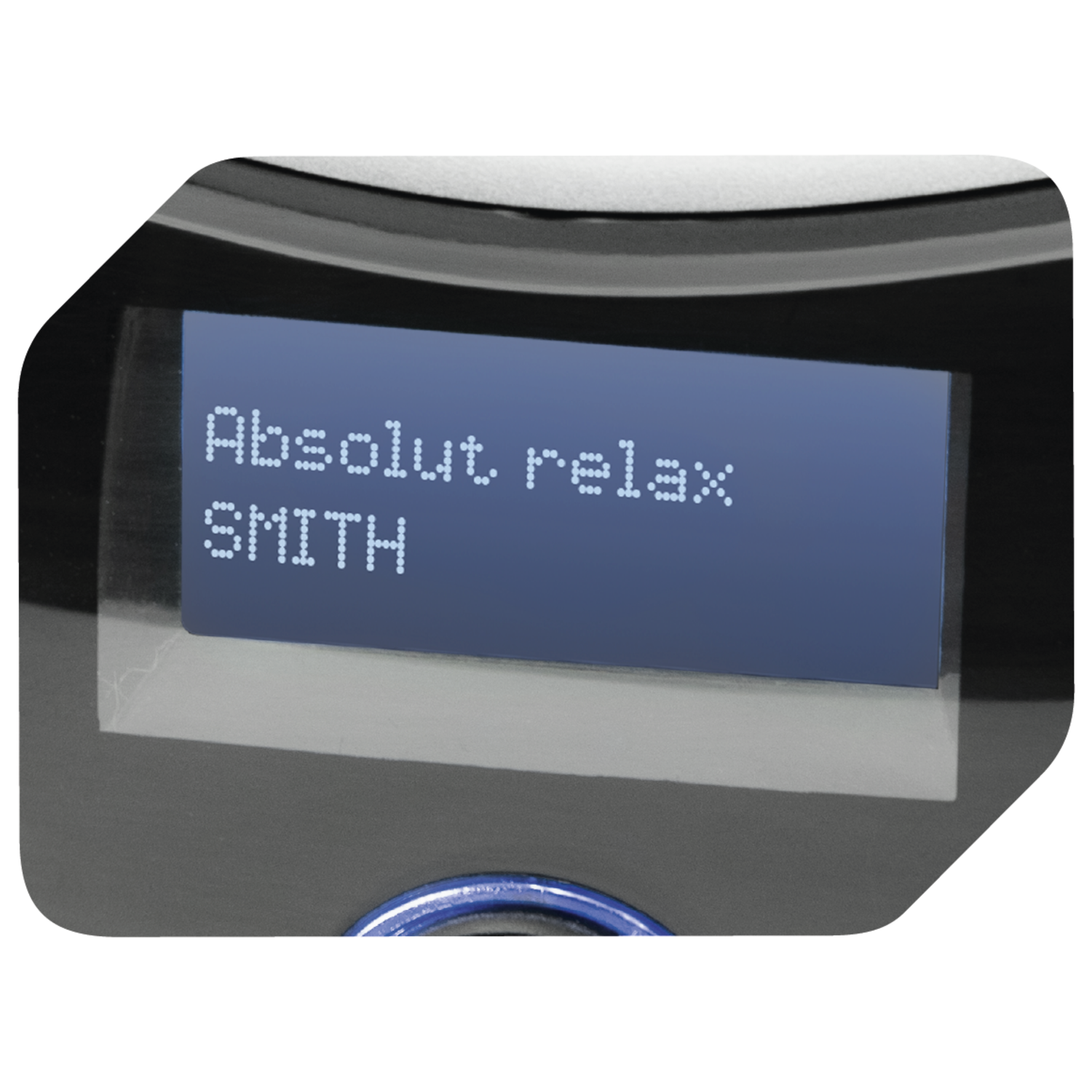 A screen displaying the text 'Absolut. relax SMITH' in white on a dark blue background.