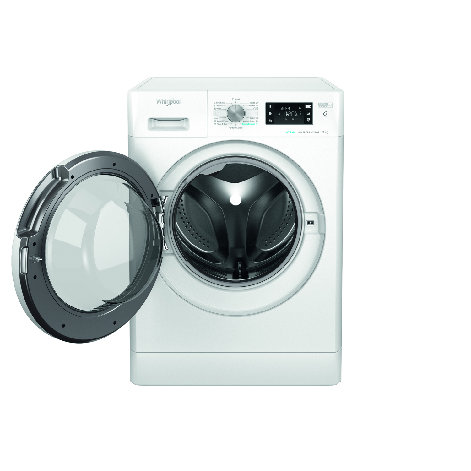 Een witte wasmachine met de deur open, die de binnenkant laat zien.