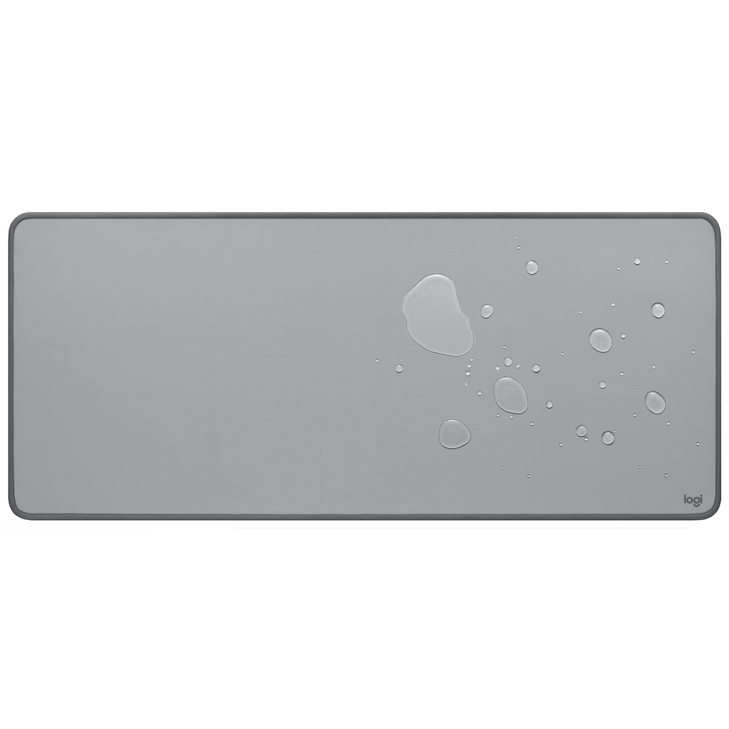 Gray mousepad with water droplets, dark gray border, white background.