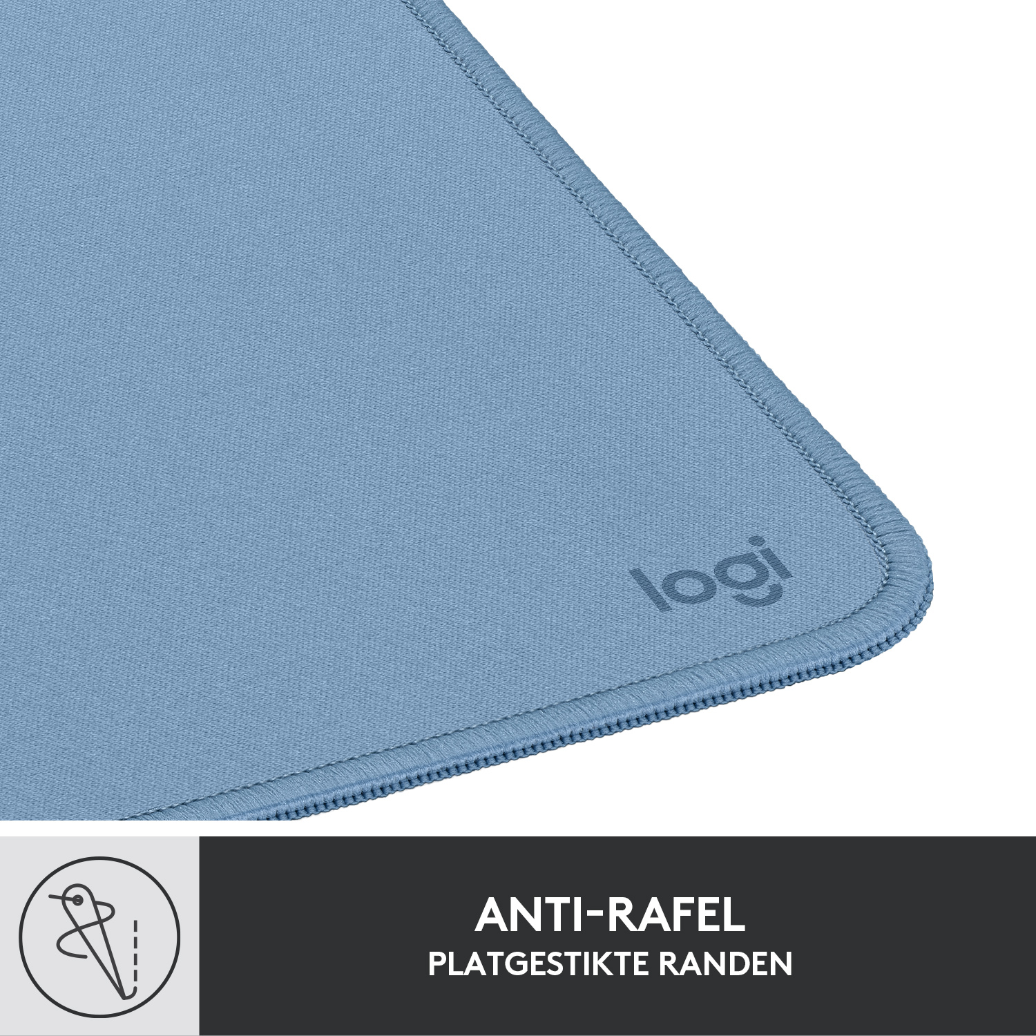A light blue mousepad with stitched edges and the Logitech logo.