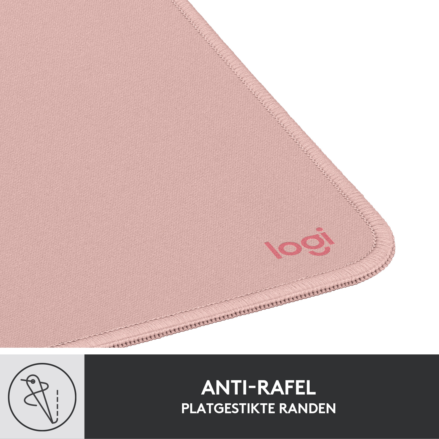 Pink mousepad with stitched edges and a logo, with a sewing icon.