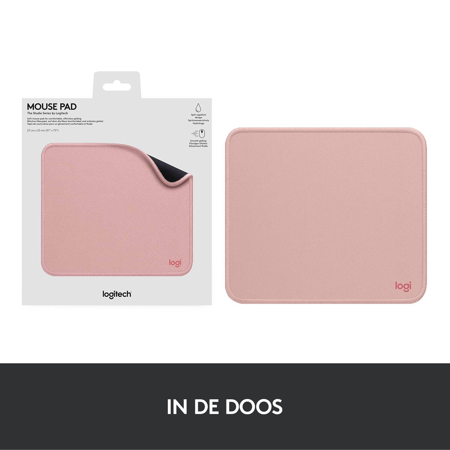 Pink Logitech mousepad, boxed, and the pad shown separately. Black underside shown on the box.