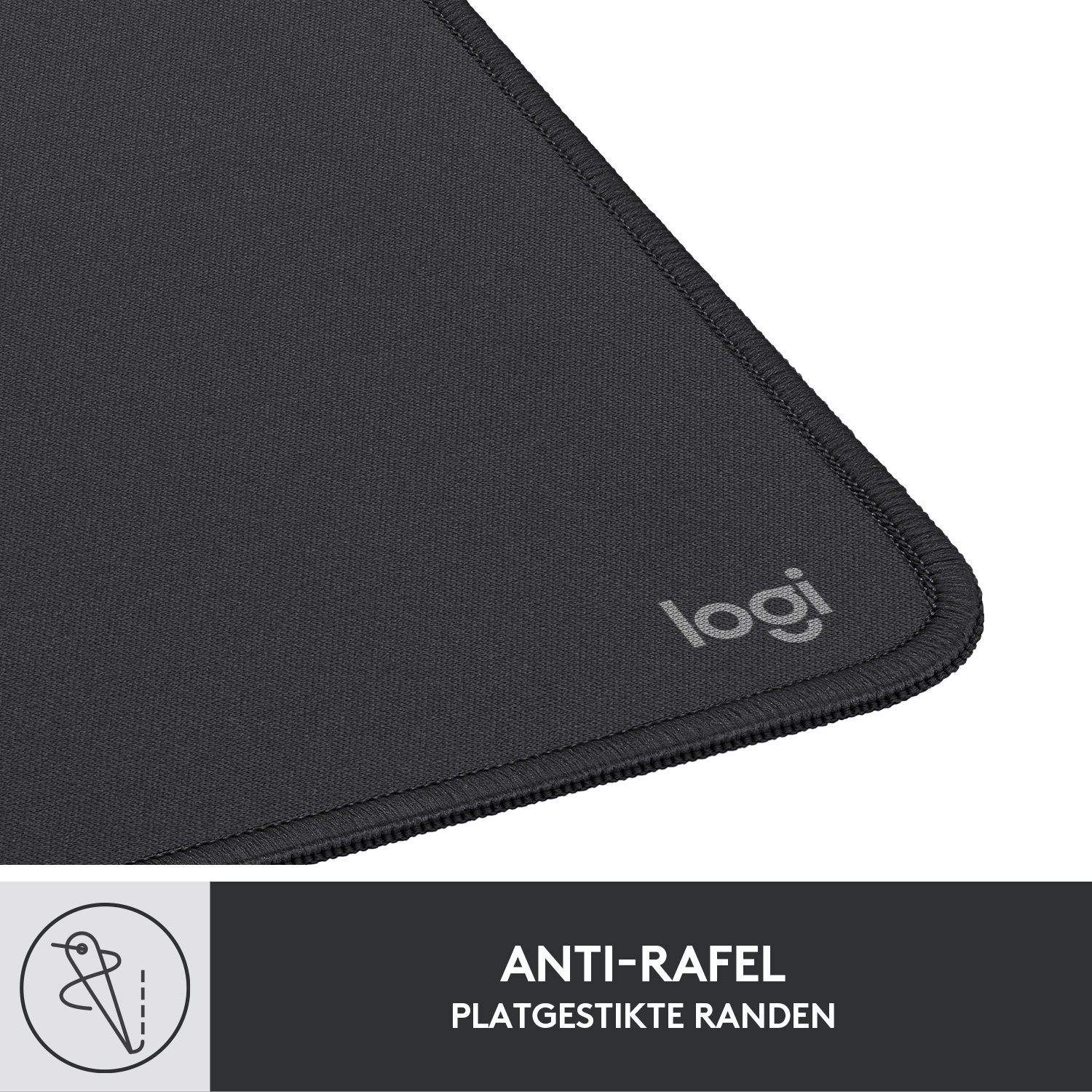Close-up of a black mousepad with stitched edges and a logo, text 'ANTI-RAFEL'.