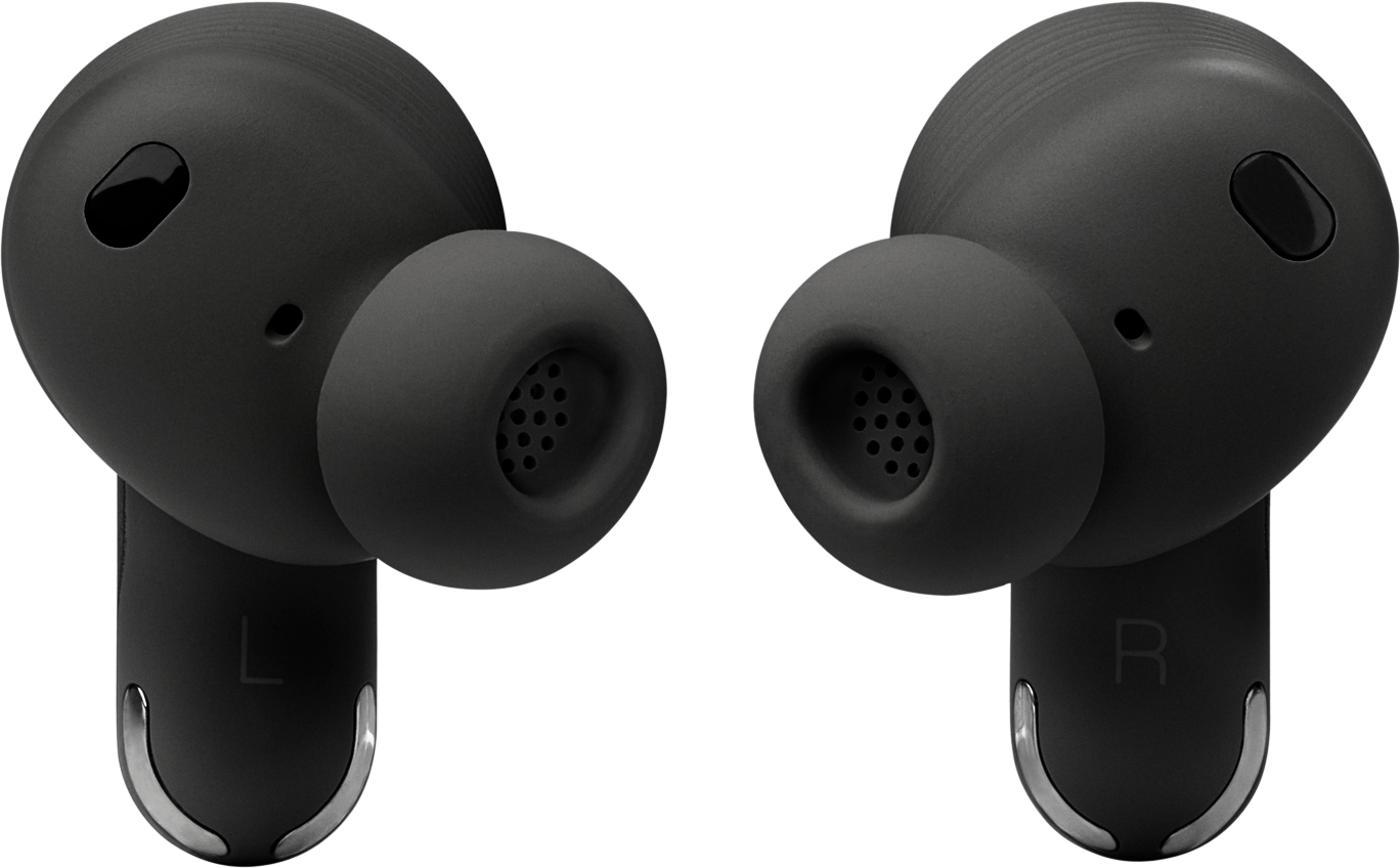 Due auricolari wireless neri con un accento argentato, contrassegnati con L e R, su sfondo nero.