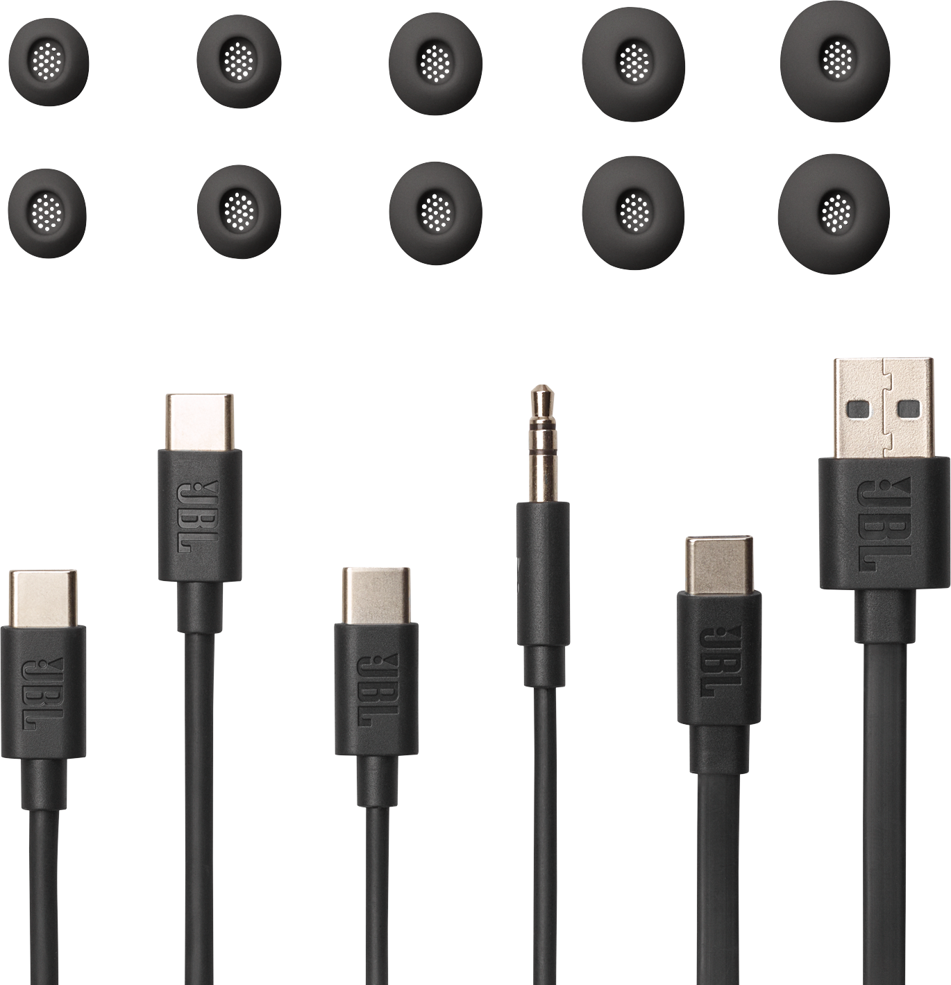Punte per auricolari e vari cavi di ricarica neri.