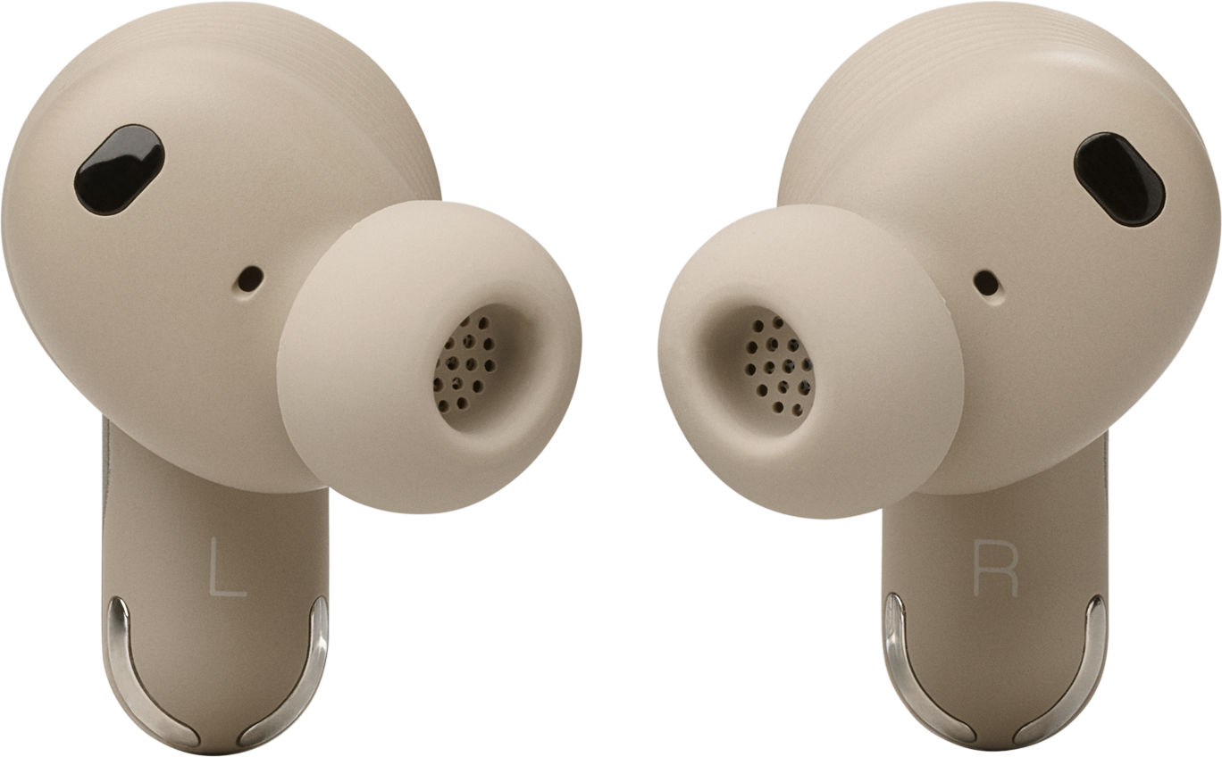 Due auricolari beige con dettagli neri. Sono visibili i contrassegni 'L' e 'R'.