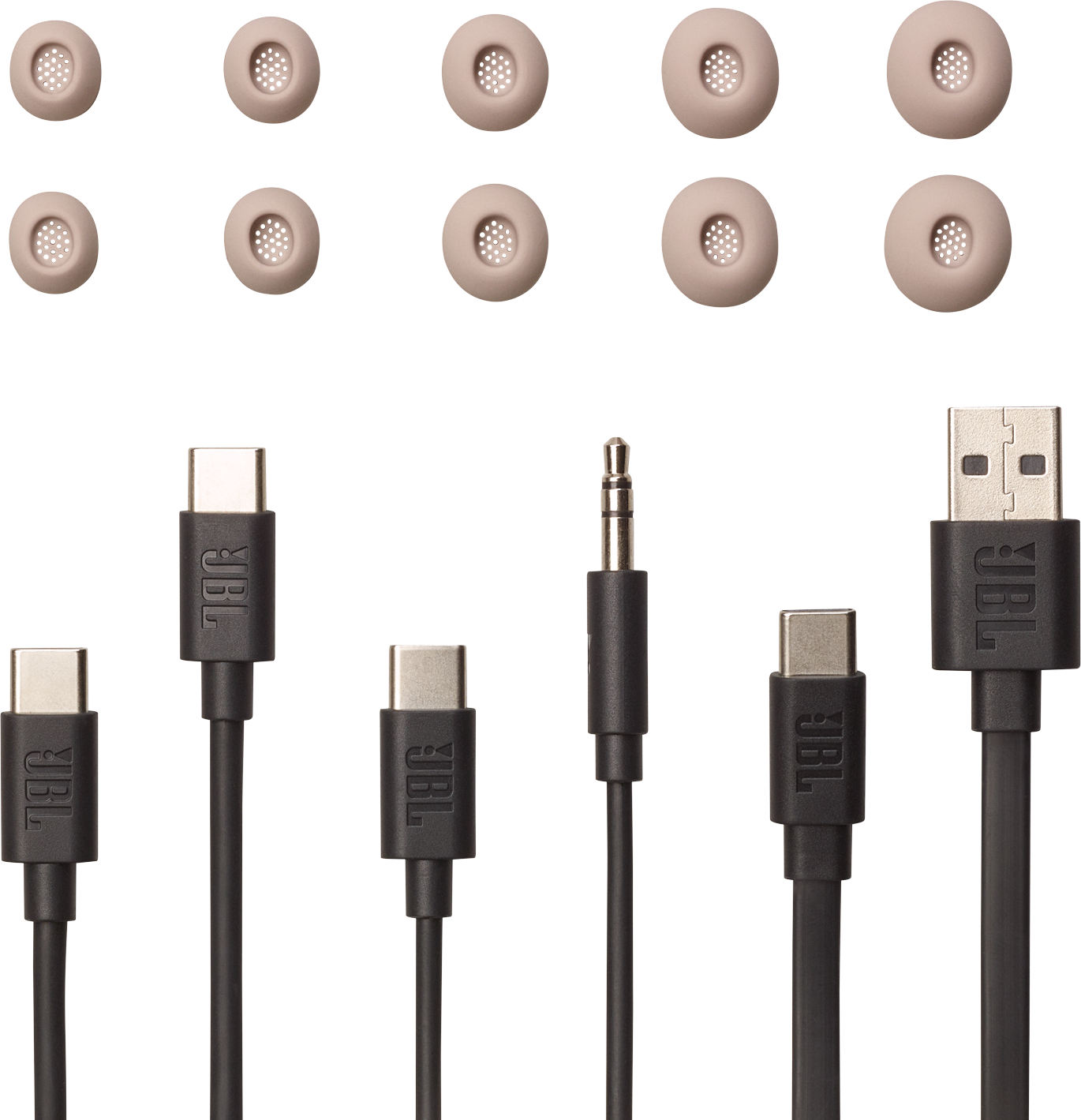 Punte per auricolari e cavi neri con jack USB-C, USB e 3,5 mm. Loghi JBL visibili.