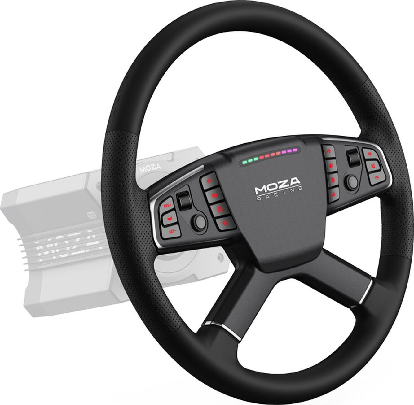 Schwarzes MOZA Racing Lenkrad. Es ist auf einer Rennradbasis montiert. MOZA-Logo in der Mitte.