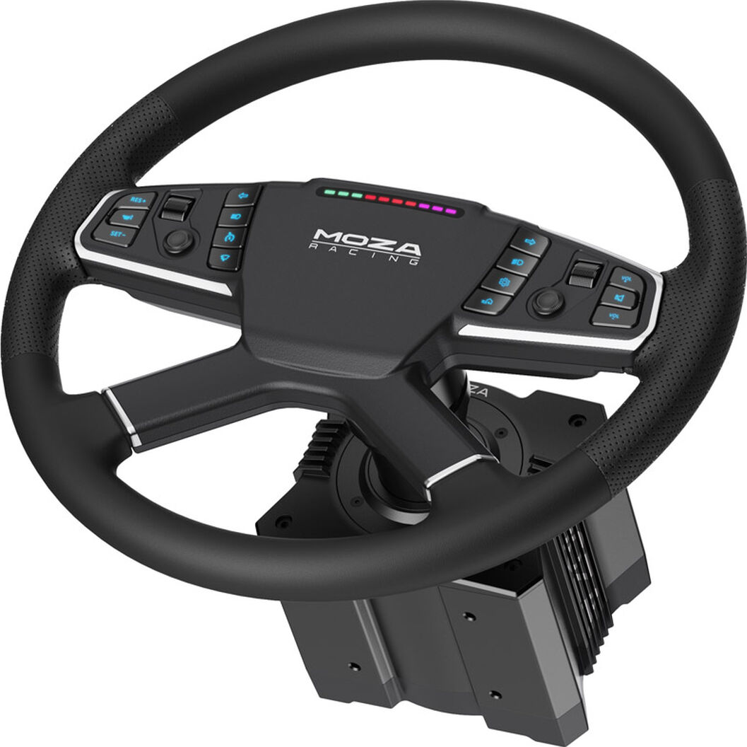 Schwarzes Lenkrad mit Knöpfen. MOZA Racing Logo sichtbar.