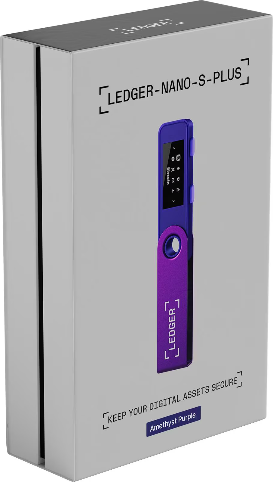 Ein lila Ledger Nano S Plus Hardware-Wallet wird in seiner Box angezeigt. Auf der Box steht 'Keep Your Digital Assets Secure'.