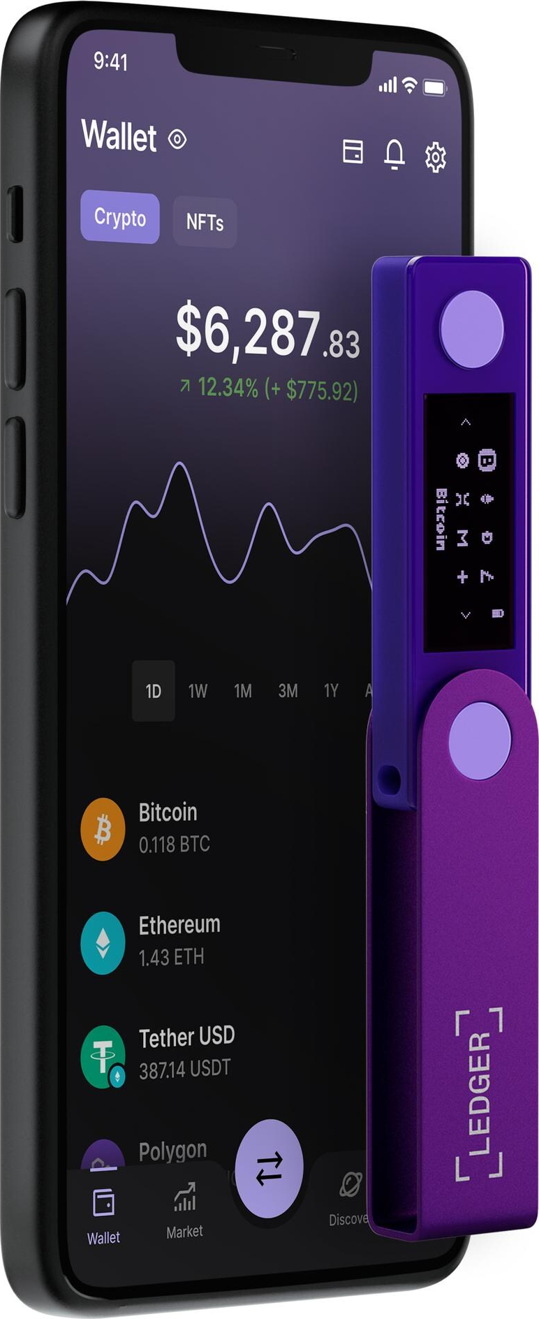 Ein Smartphone zeigt eine Krypto-Wallet mit Bitcoin, Ethereum und Tether. Eine lila Ledger Hardware-Wallet befindet sich daneben.