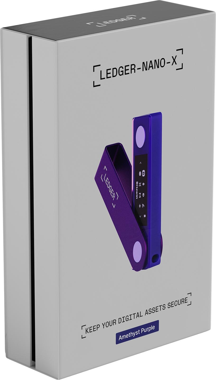 Eine Ledger Nano X-Box, amethystfarbenes Gerät im Inneren. Auf der Box steht: Ledger Nano X und Keep your digital assets secure.