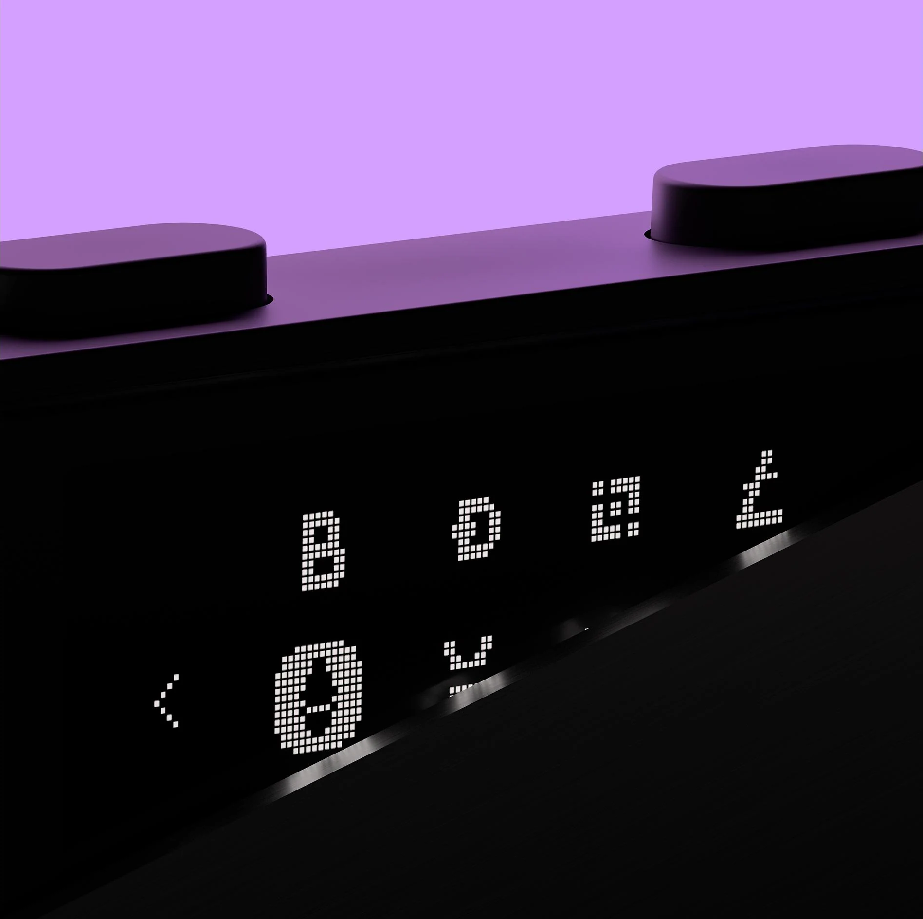 Schwarzes Gerät mit weißer LED-Anzeige, die Zahlen und Symbole anzeigt. Lila Hintergrund. Zwei abgerundete schwarze Knöpfe oben.
