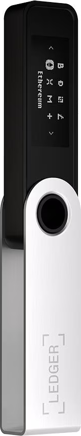 Ledger Hardware Wallet, schwarz und silber, zeigt einen Bildschirm mit Kryptowährungsinformationen.