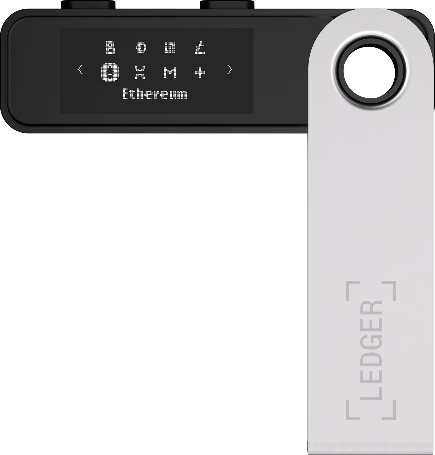 Ein Ledger-Hardware-Wallet, schwarz mit einem Bildschirm, der Ethereum anzeigt. Der silberne Teil hat das Ledger-Logo.