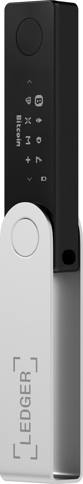 Un portafoglio hardware Ledger, parte superiore nera con display e parte inferiore bianca. Il logo Ledger è visibile. Il dispositivo è verticale.