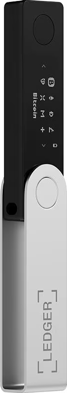 Un portafoglio hardware Ledger in bianco e nero. Ha una parte superiore nera con pulsanti e schermo. La parte inferiore è argentata con il logo Ledger.