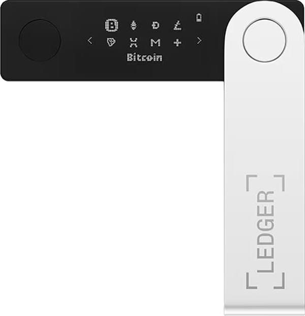 Un portafoglio hardware Ledger nero e argento. La parte nera ha uno schermo che mostra simboli di criptovaluta. La parte argentata dice Ledger.