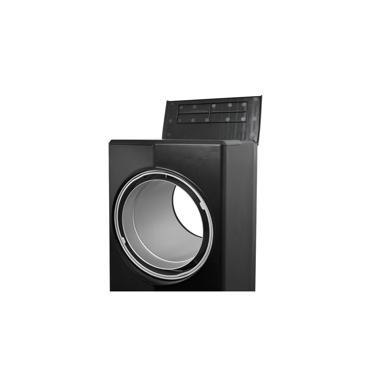 Un sèche-linge noir avec une porte ouverte. L'intérieur est gris et métallique. La porte a des points noirs.