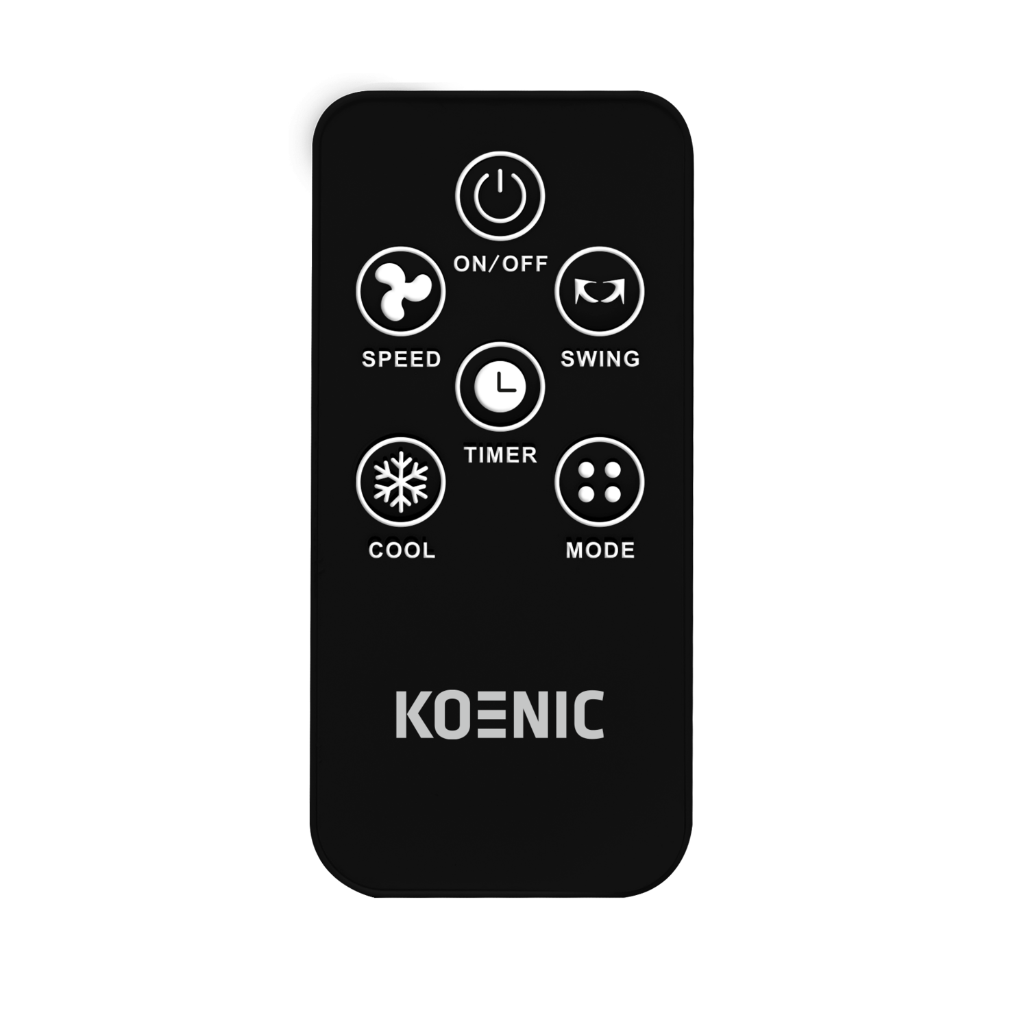 Une télécommande noire avec des icônes blanches pour marche/arrêt, vitesse du ventilateur, oscillation, minuterie, froid et mode. La marque est KOENIC.