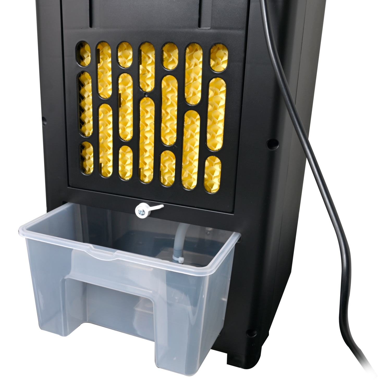 Arrière du refroidisseur d'air noir avec filtre jaune, réservoir d'eau transparent et cordon d'alimentation. Détail trou de serrure et poignée.