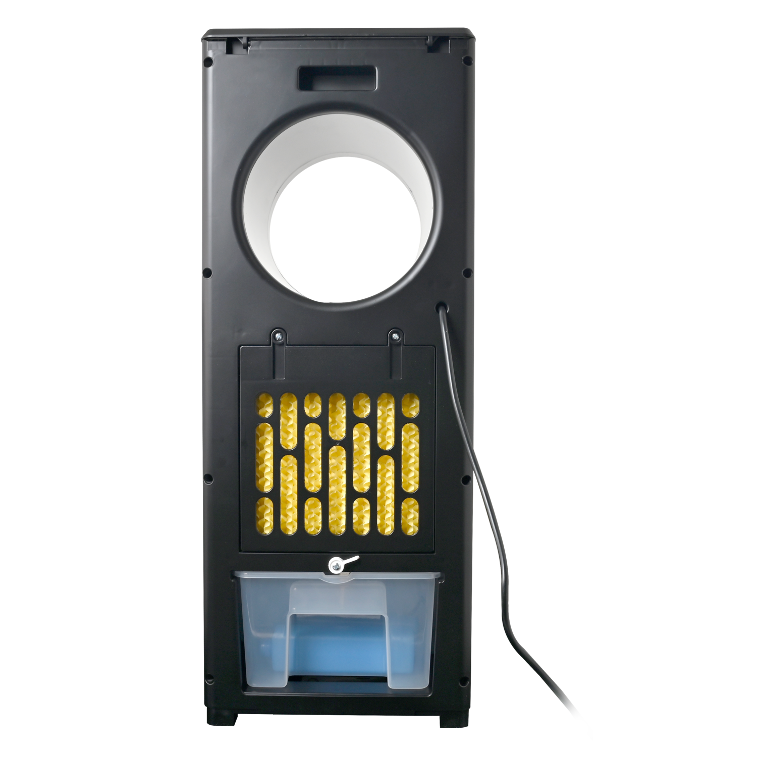 Arrière du refroidisseur d'air noir avec cercle blanc, filtre jaune, réservoir d'eau transparent avec eau bleue et câble noir.
