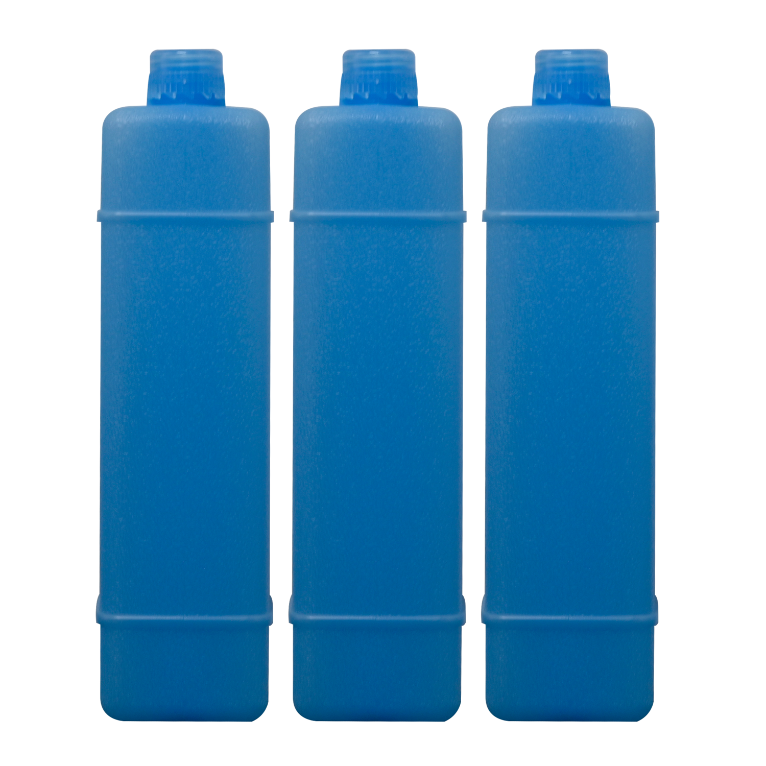 Trois bouteilles bleues, rectangulaires avec des surfaces texturées et des bouchons à vis sur fond noir.