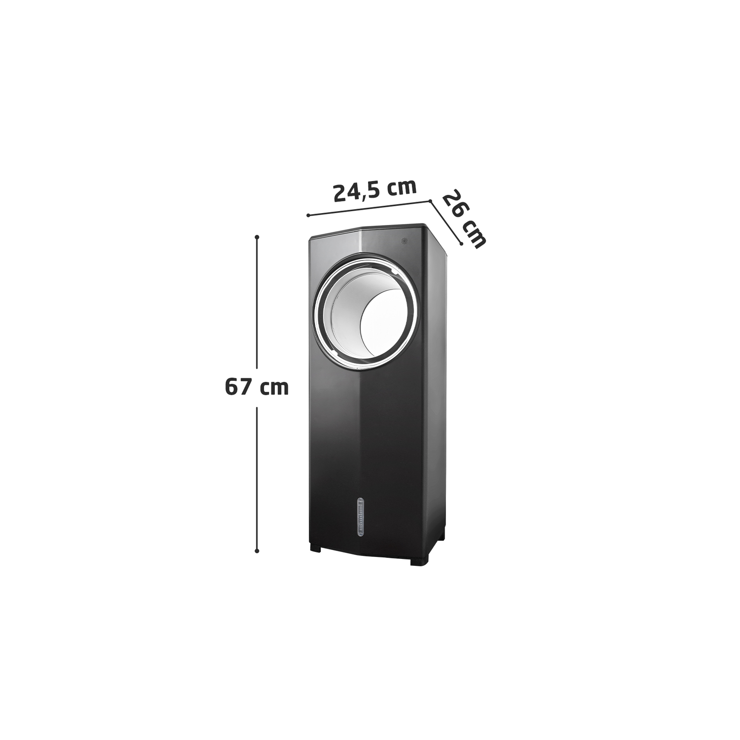 Un purificateur d'air noir avec une ventilation circulaire. Les dimensions sont de 24,5 cm, 26 cm et 67 cm. Le fond est blanc.