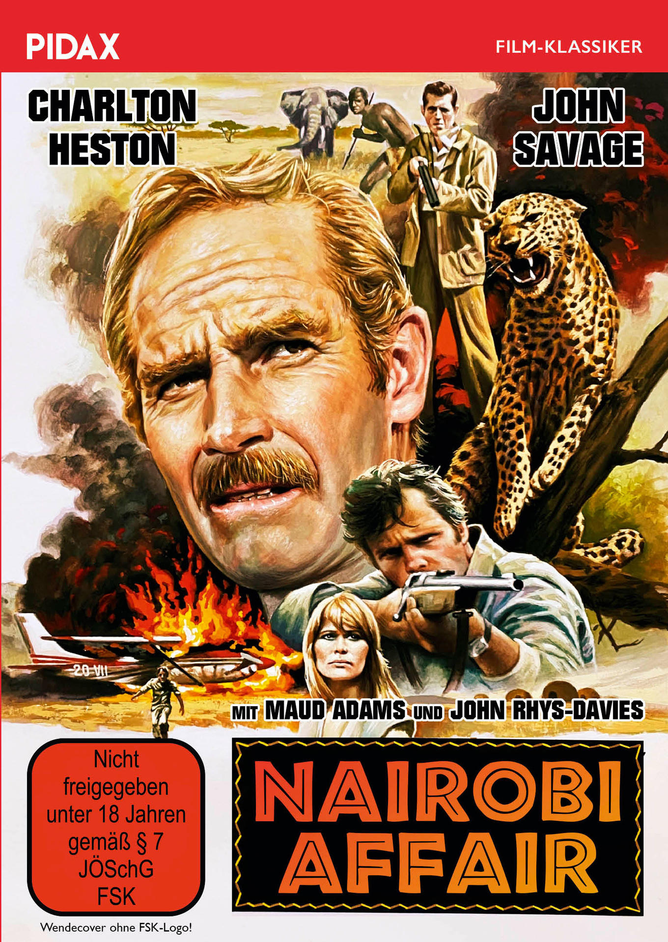 Filmplakat für 'Nairobi Affair' mit Charlton Heston und John Savage. Action-Szene mit Leopard.