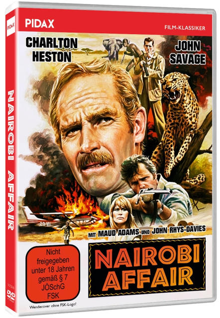 DVD-Cover eines Films. Enthält Charlton Heston und John Savage. Der Titel lautet 'Nairobi Affair'.