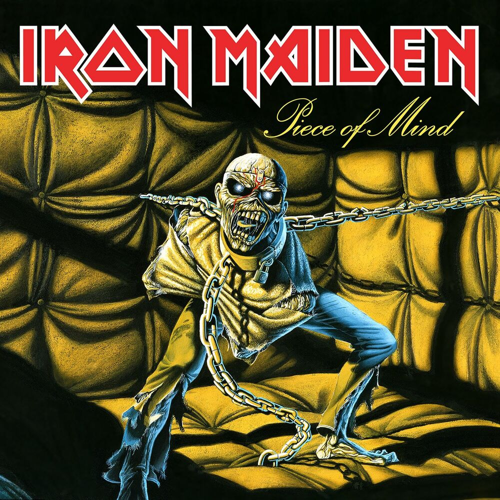 Az Iron Maiden 'Piece of Mind' albumának borítója, egy zombival, egy párnázott cellában.