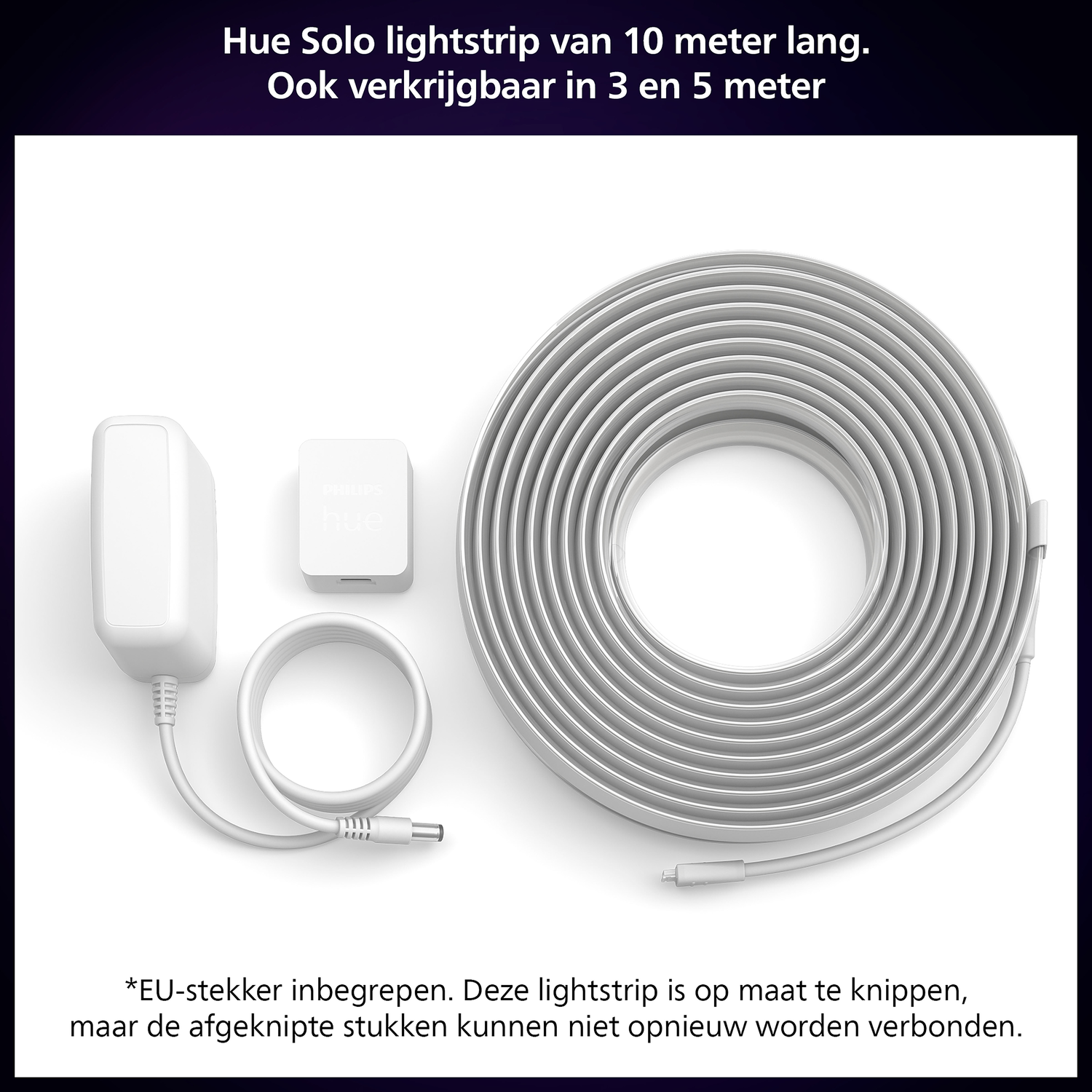 White light strip with a power adapter, controller, and coiled cable.