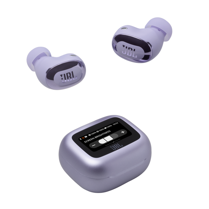 Auriculares JBL morados y estuche de carga, pantalla de brillo.
