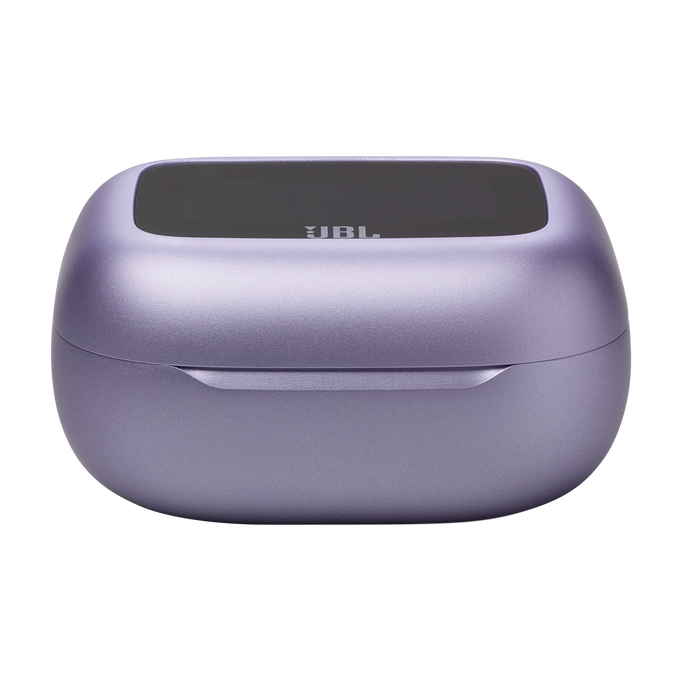Un estuche de carga de auriculares JBL púrpura. El estuche es ovalado y tiene una tapa negra.
