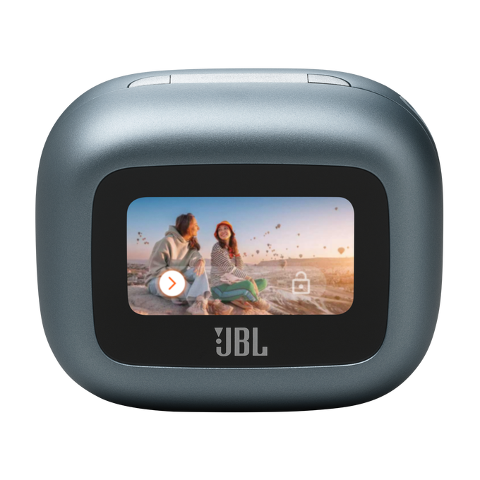 Dispositivo de cámara JBL mostrando dos personas y una vista panorámica.