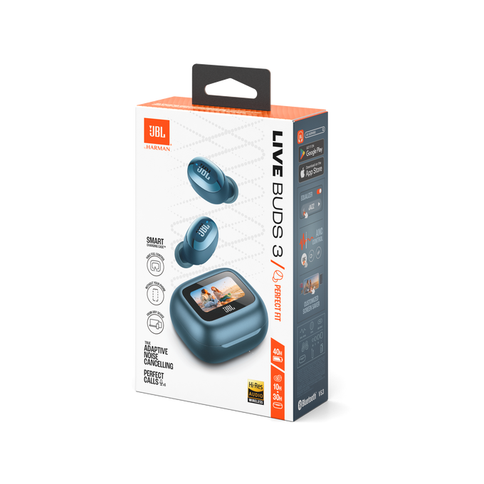 Auriculares Bluetooth JBL en una caja blanca y naranja.
