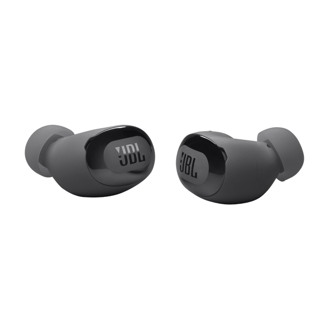 Un par de auriculares inalámbricos JBL grises. El logo de JBL es visible en cada auricular.