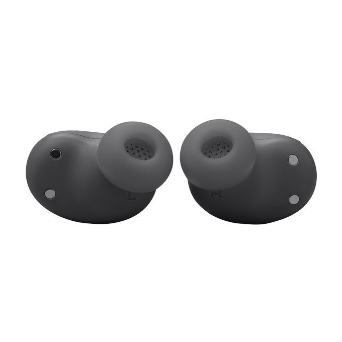 Dos auriculares negros con puntas grises, marcados con 'L' y 'R'.