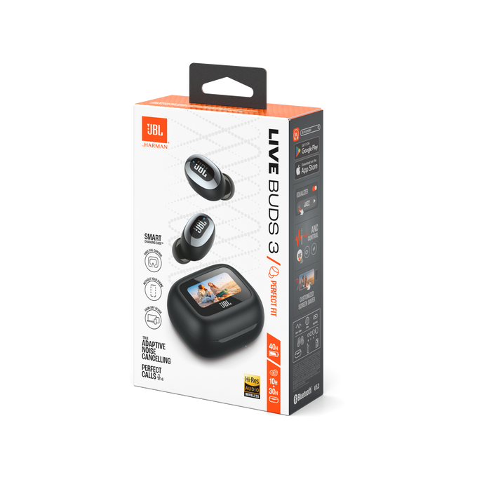 Caja JBL Live Buds 3. La caja muestra los auriculares y el estuche de carga.