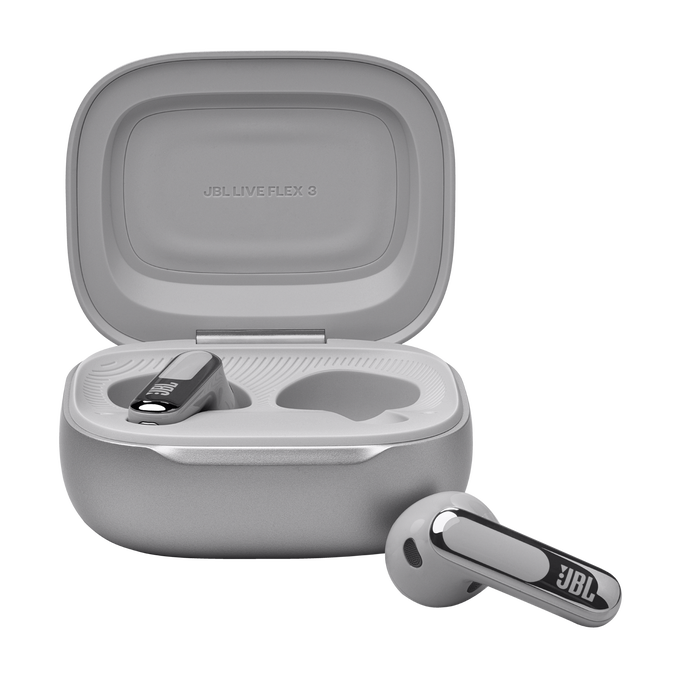Estuche de auriculares inalámbricos gris abierto con auriculares.