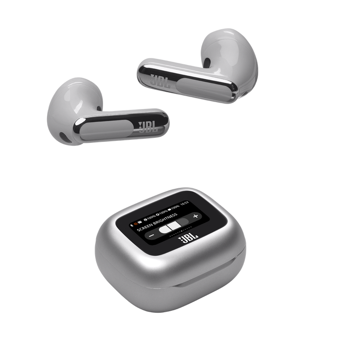 Auriculares blancos y estuche de carga. Auriculares con 'JBL'. Estuche muestra controles de brillo de pantalla.