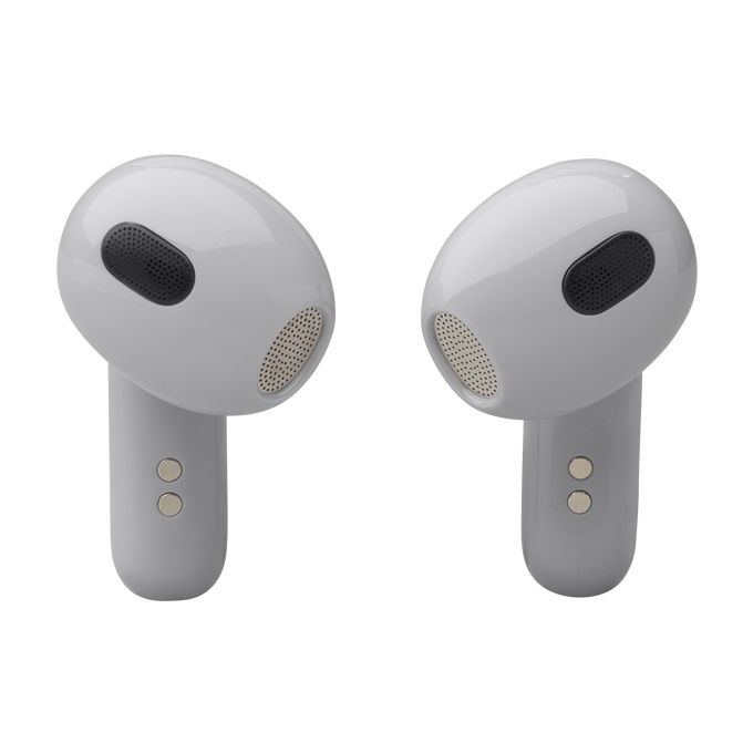 Un par de auriculares inalámbricos blancos, cada uno con un altavoz negro y un pequeño micrófono.