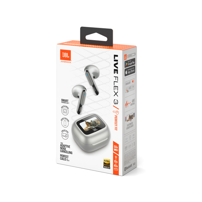 Caja de auriculares JBL Live Flex 3. Muestra los auriculares, su estuche y funciones clave como la cancelación de ruido.